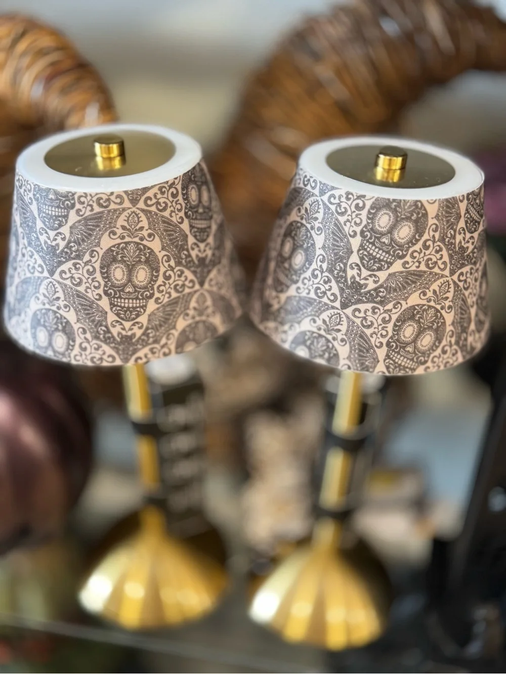 2 Gold Table Lamps with Gray Skull Pattern Shades